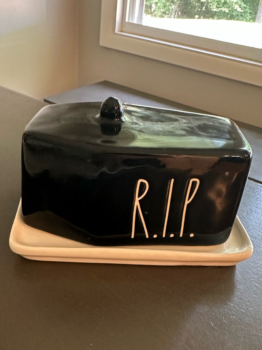 Rae Dunn Black Ceramic 'R.I.P.' Butter Dish - Halloween Themed